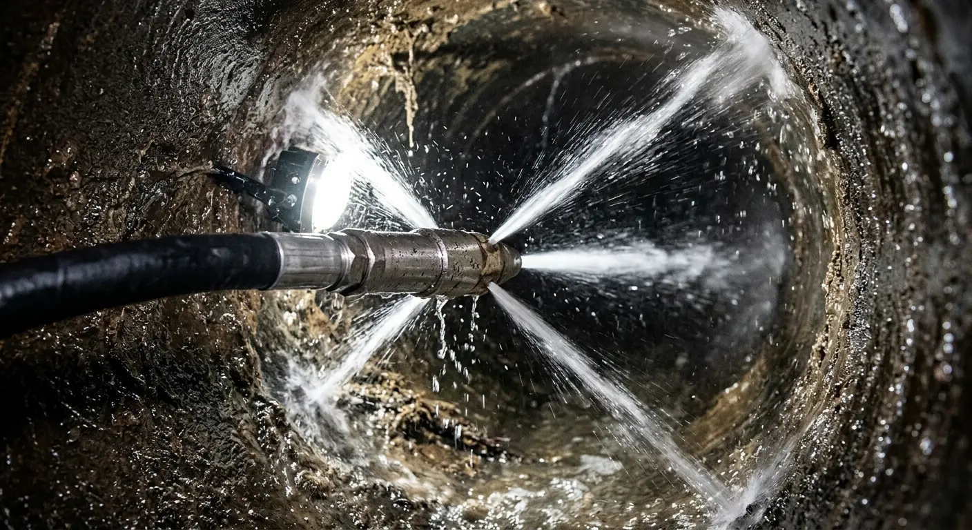 High-pressure hydro jetting nozzle cleaning sewer pipe for Sewer Cleanout in Allegany