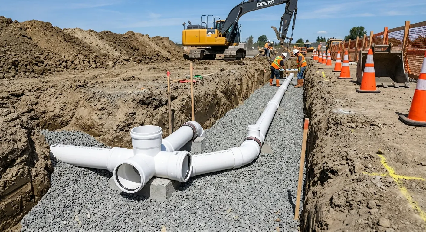 New PVC sewer pipe installation in open trench for Commercial Drain Cleaning in Allegany