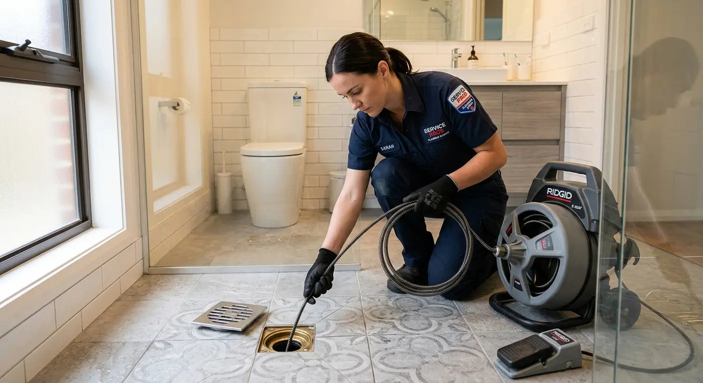 Technician clearing a bathroom floor drain for Clogged Drain Repair in Allegany